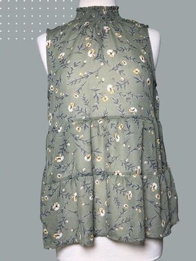 Pleione Floral Smocked Mock Neck Sleeveless Sheer Tiered Green Floral Medium